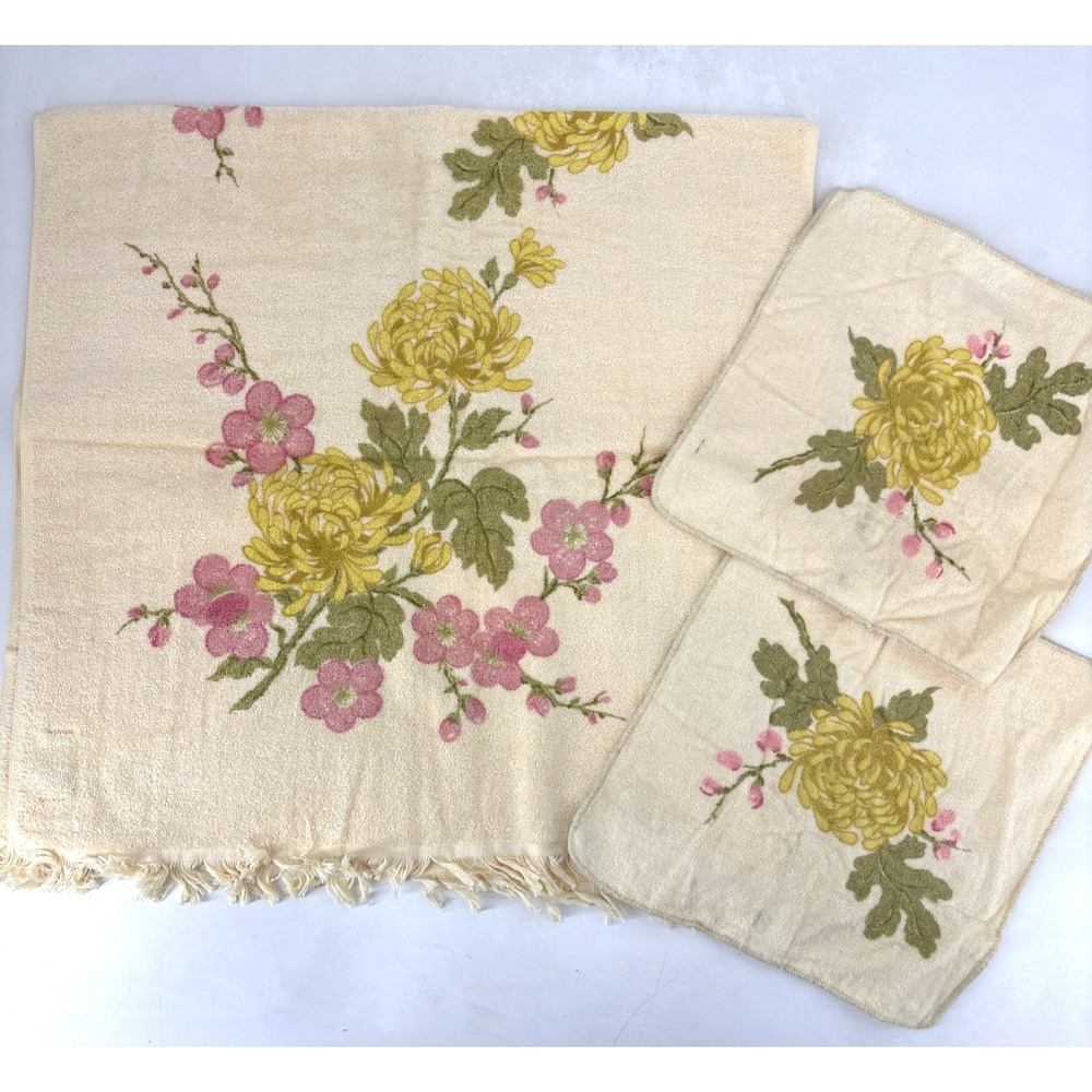 VTG Sears Drylon Floral Print Butter Fringe Bath Towel & Washcloths‎ USA 45"x24"